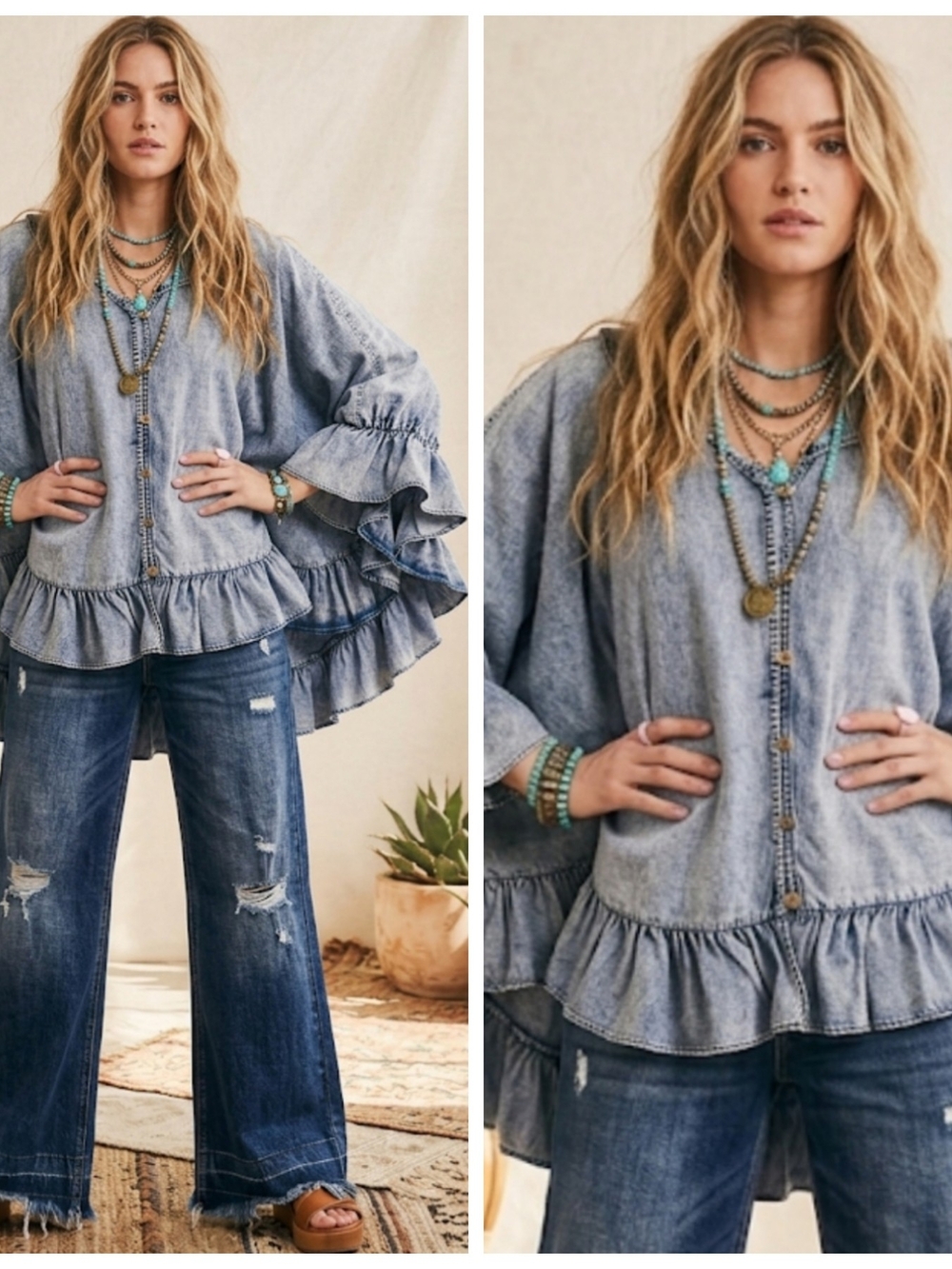 Washed Blue Ruffle Button-Front Women’s Top